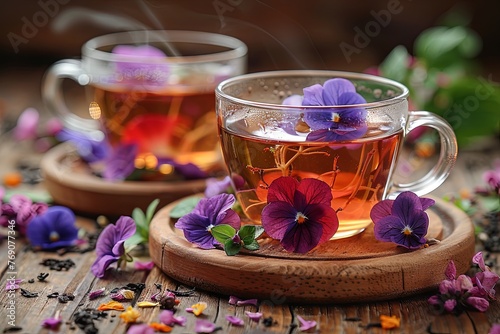 the health benefits of tea, in the style of naturalistic proportions, violet and amber, violet and brown. Generative AI