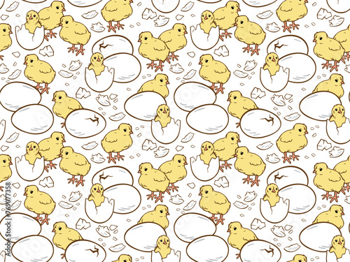 Hitched chiks, eggshell and eggs seamless pattern. Easter, agroculture, organic farming background for poster, flyer, farm products package, book design. poultry farming and egg production symbol.