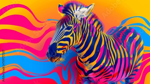 A zebra with a rainbow stripe pattern on its body. The zebra is standing in front of a colorful background