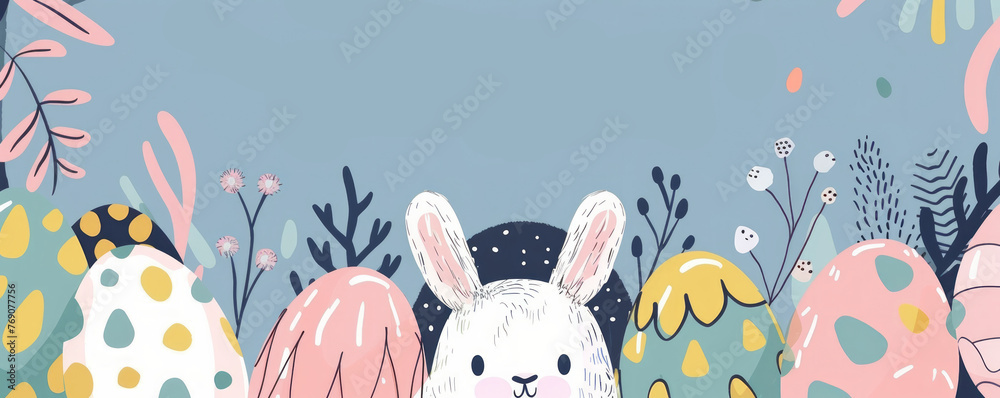 Happy Easter background with cute hand drawn eggs, bunny and abstract shapes on a pastel background