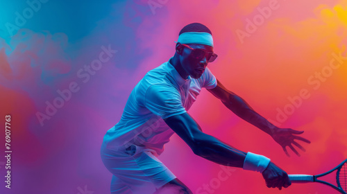 Tennis player in neon light against multicolored background. Sport  motion  action  active lifestyle  achievements  goals. Energetic and vibrant.