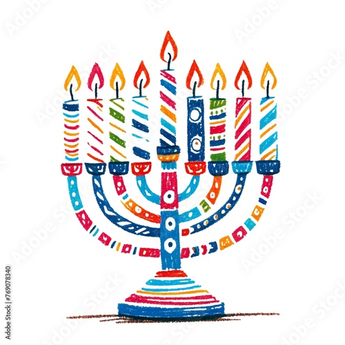 Oil Pastel Illustration of a Hanukkah Menorah with Candles