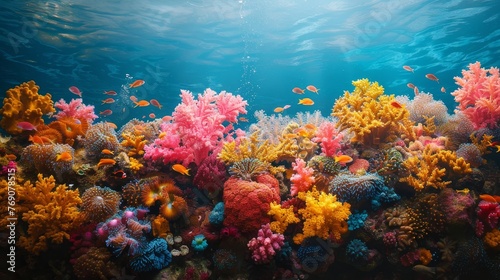 The environment  A coral reef teeming with colorful marine life