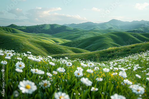 The verdant green of rolling hills dotted with wildflowers, inviting hikers and wanderers to explore the natural splendor. Concept of bucolic beauty. Generative Ai.