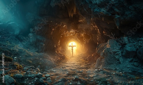 the cross at the end of the cave tunnel.
