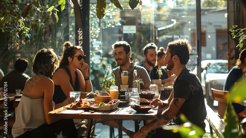 Group of diverse friends sitting at a wooden table and eating healthy food in a sunlit restaurant.