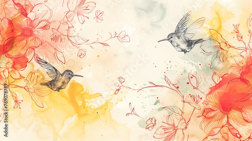 Watercolor symphony of hummingbirds and blooms