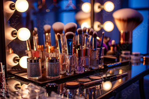 cosmetics and make up brushes on the table with mirror and lamps