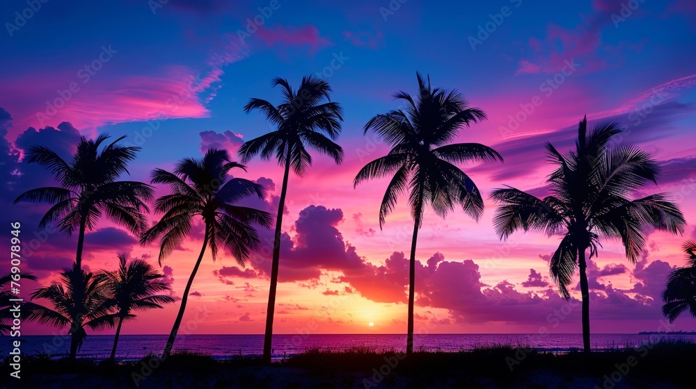 silhouette image of palm trees swaying in the breeze against a vibrant sunset sky, evoking the pure essence of a tropical paradise