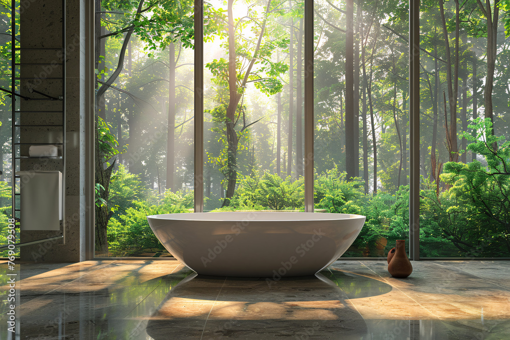 bathroom interior with bathtub and beautiful forest view bathroom interior with bathtub and beautiful forest view