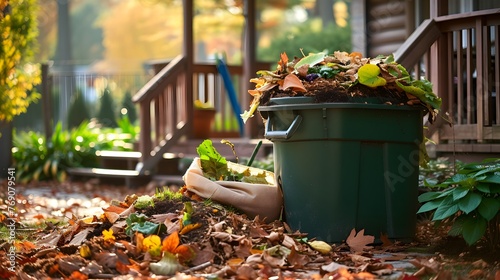 Pile of dead fall leaves dumped into plastic bin