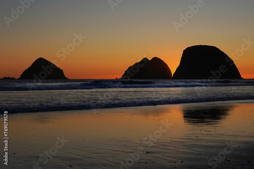 Sunset behind the sea stacks on the Oregon coast
