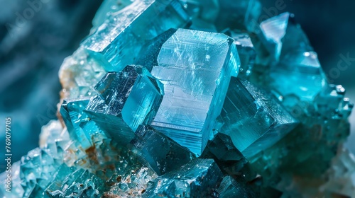 Blue Aquamarine Crystal Cluster. Aquamarine is a beautiful blue variety of the mineral beryl. It is a popular gemstone and is often used in jewelry. photo