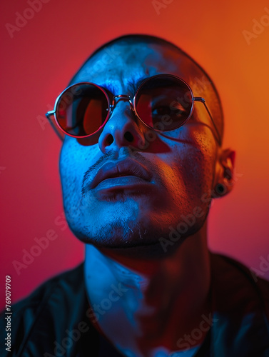 Artistic Portrait of a Man in Sunglasses with Colored Light Effects