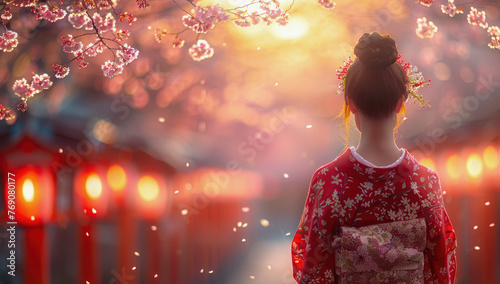 A woman in a red kimono stands under cherry blossom trees