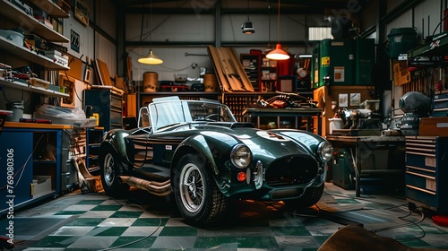 The classic car is parked in a garage. The car is dark green and has a white stripe on the side. © Nijat