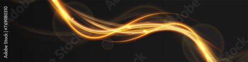 Light wave of shiny gold lines.Gold color glowing design element.Wavy bright stripes.
