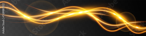 Light wave of shiny gold lines.Gold color glowing design element.Wavy bright stripes.
