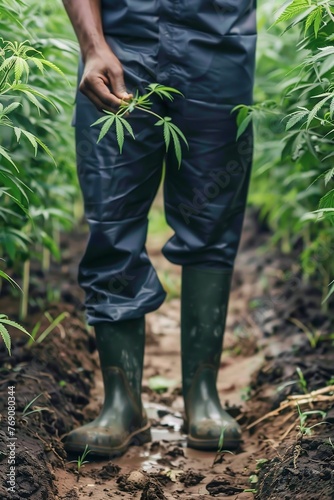 Farmer checking crop on cannabis field. Agriculture  farming and medicine concept. Lifestyle shot for poster  banner