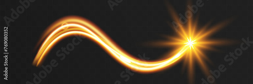 Light wave of shiny gold lines.Gold color glowing design element.Wavy bright stripes.
