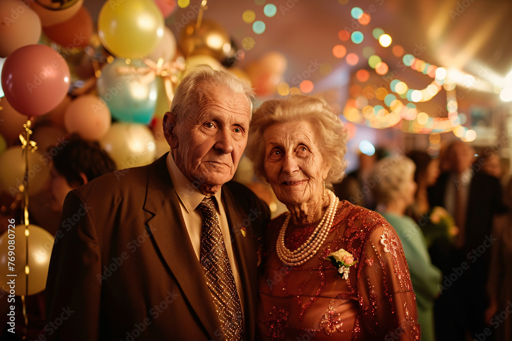 wedding anniversary - couple of seniors in decorated hall