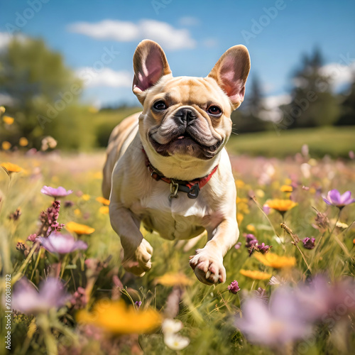 A playful French Bulldog romping through a sunlit meadow, vibrant wildflowers in bloom