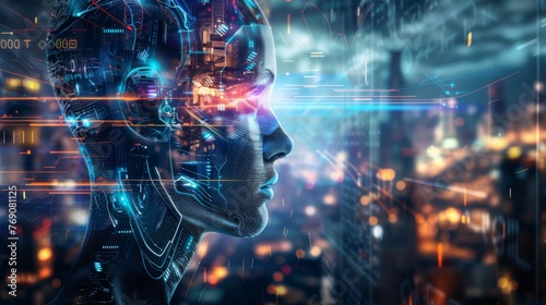 Artificial intelligence in humanoid head with neural network thinks. advanced artificial intelligence for the future rise in technological singularity