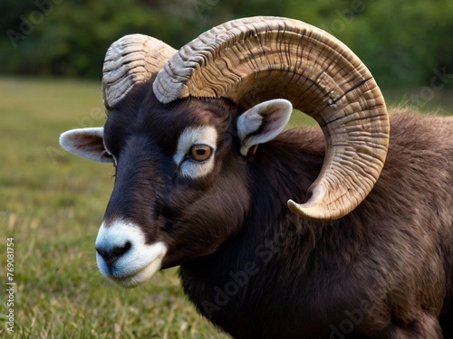 A wild mountain ram with curved horns.