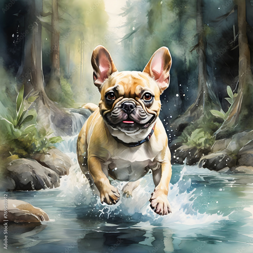 watercolor mischievous French Bulldog splashing in a crystal-clear stream