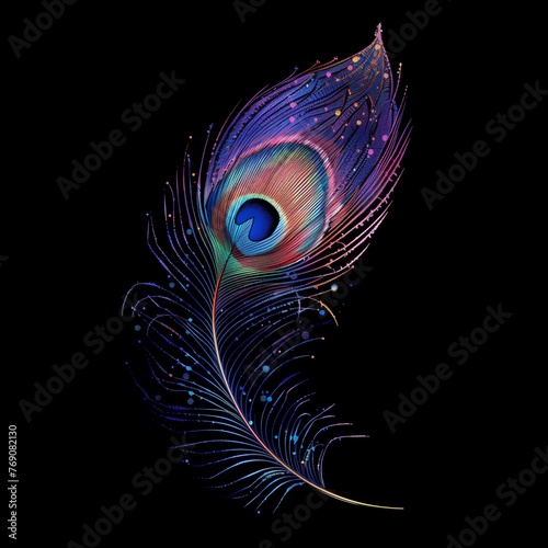 Illustration of a mystical and mysterious peacock feather on a black background