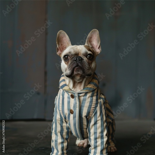 Illustration of a portrait of a bulldog dog in striped pajamas against a wall background