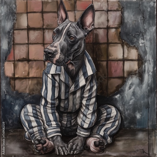 Illustration of a portrait of a dog in striped pajamas against a wall background