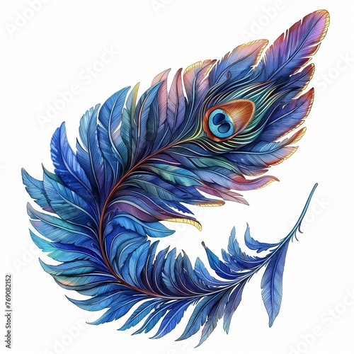 Illustration of a peacock blue feather on a white background