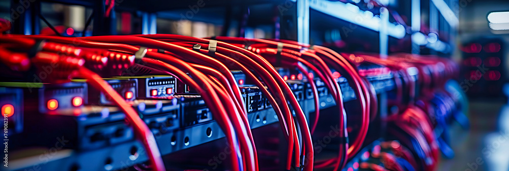 Fototapeta premium Networking Technology and Cables, Server Room Infrastructure, Communication and Digital Connectivity