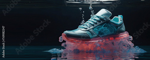 Translucent sneakers with smoke inside stand underwater above a cloud of colored smoke photo