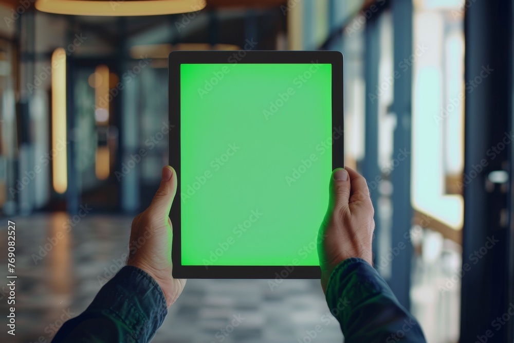 Person holding tablet with green screen, standing on wood flooring. Generative AI Person holding tablet with green screen, standing on wood flooring. Generative AI