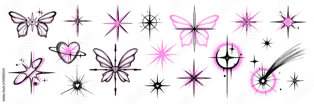 Y2k stars icon set, vector girly emo romance tattoo, pink black sparkle shapes, dot texture design. Simple decoration doodle kit, butterfly, heart shape, comet, 90s sticker print. Abstract y2k stars - obrazy, fototapety, plakaty 