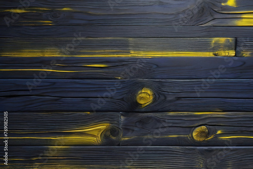 Blue and yellow and black dark wood wall wooden plank board texture background with grains and structures