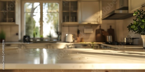 an AI image of a beige interior kitchen with soft natural lighting and a macro focus on the kitchen island © Ghulam