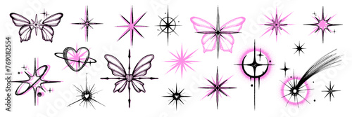 Y2k stars icon set, vector girly emo romance tattoo, pink black sparkle shapes, dot texture design. Simple decoration doodle kit, butterfly, heart shape, comet, 90s sticker print. Abstract y2k stars photo