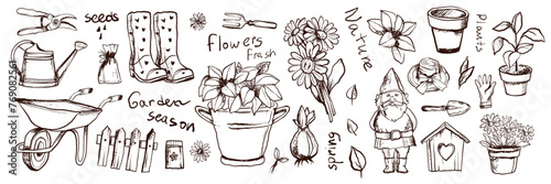 Garden doodle set, spring agriculture sketch, vector hand drawn flower illustration, farm plants. Scribble line organic floral clipart, gardening tools, seedling, nature summer element. Garden doodle