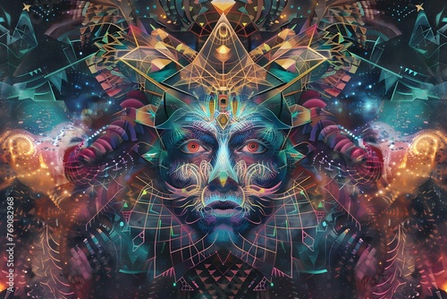 Psychedelic image of geometric creatures in other dimensions inspired by DMT or LSD experiences. Concept Psychedelic Art, Geometric Creatures, Other Dimensions, DMT Experience, LSD Inspiration photo