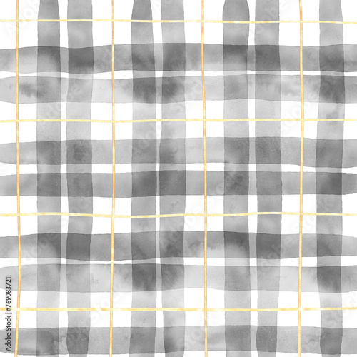 Gold Black Plaid Gingham Check Hand Drawn Background Overlay