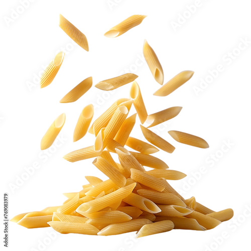 Penne pasta falling on transparent background.