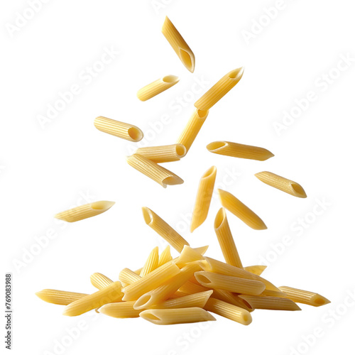 Penne pasta falling on transparent background.