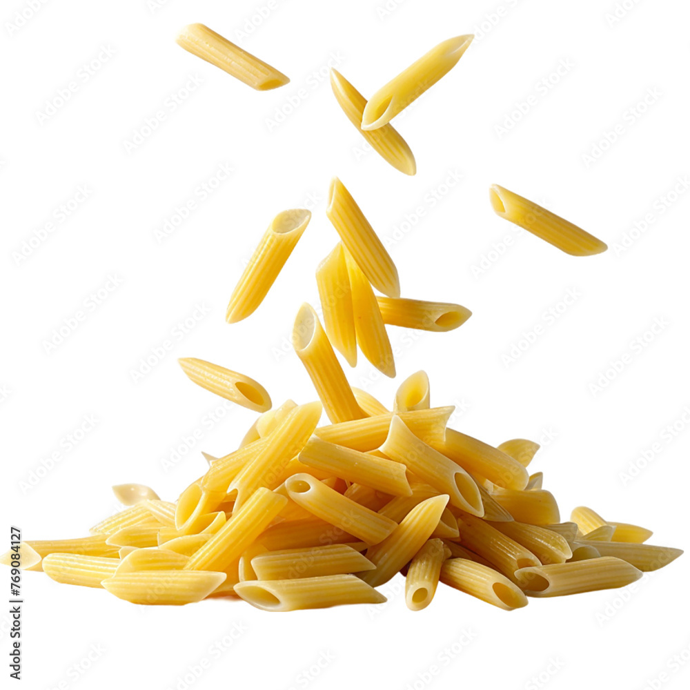 Penne pasta falling on transparent background. Penne pasta falling on transparent background.