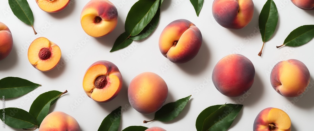 Fresh peach fruits with green leaves on white. Top view flat lay