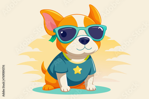 A playful and adorable vector illustration of a Dog wearing oversized sunglasses and a cool t-shirt