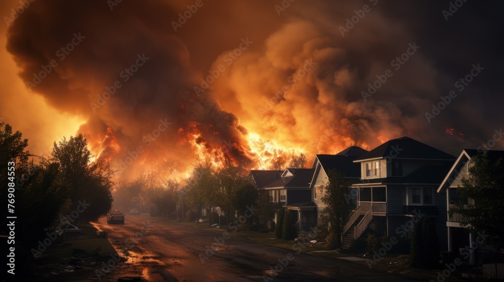 A quiet town, a chaotic scene-a raging fire brings destruction, releasing smoke into the night sky.