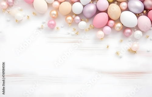 Easter holiday colorful eggs on white wooden table for greeting
